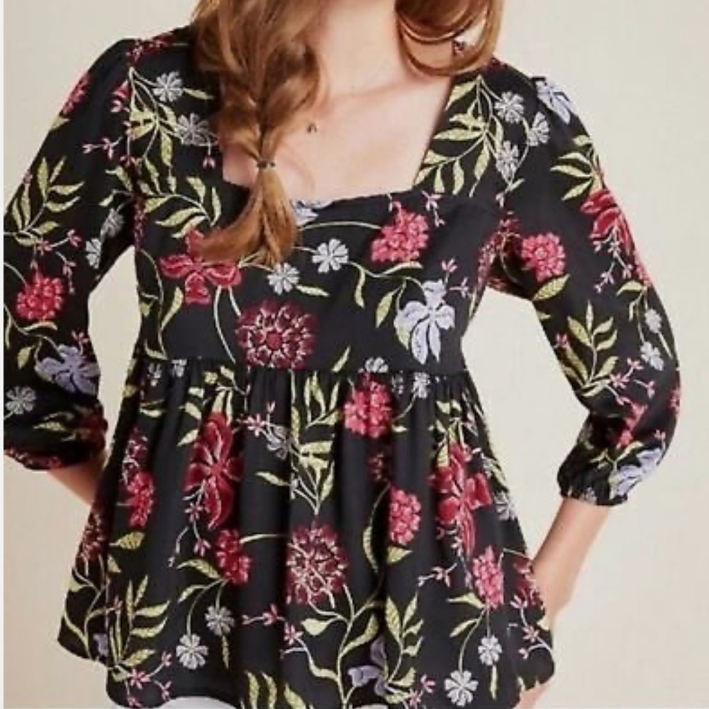 Anthropologie Dolan‎ Womens Black Floral Garden Peplum Tunic Blouse Top Size XS